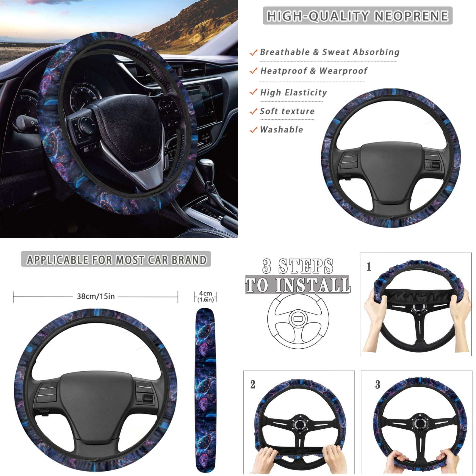 Jeiento Sea Turtle Car Seat Covers Set 14 Pcs Auto Seat Protector with Steering Wheel Cover Seat Belt Pads Garbage Bag Armrest Cover Handbrake Cover Set Rear View Mirror Protector Coasters