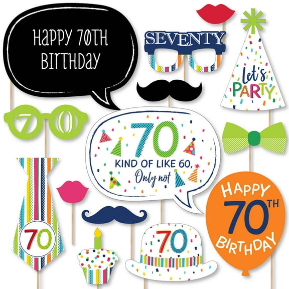 Big Dot of Happiness 70th Birthday - Cheerful Happy Birthday - Colorful Seventieth Birthday Party Photo Booth Props Kit - 20 Count
