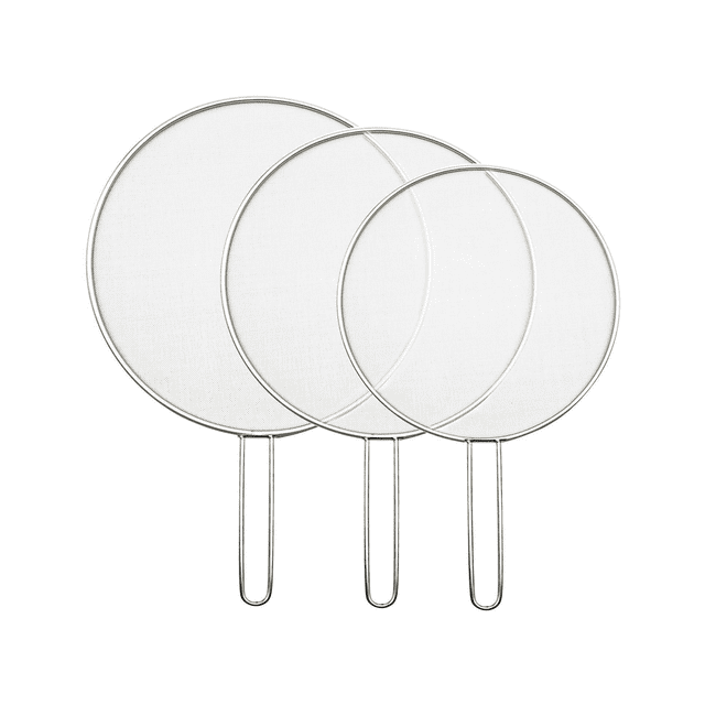 3PCS Stainless Steel Splatter Screen Mesh Pot Lid Cover in silver, designed for frying pans. Includes three sizes: 25cm, 29cm, and 33cm. Made of durable stainless steel, these covers prevent oil splashes and can double as filter screens. Suitable for pans up to 11 or 13 inches in diameter. Dishwasher safe.