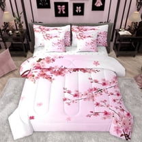 Homewish Pink Sakura 7-Piece Twin Bedding Sets,Japanese Cherry Blossom Bedding Comforter Set,Rustic Flower Sheet Sets For Girl,Super Cozy Room Decor