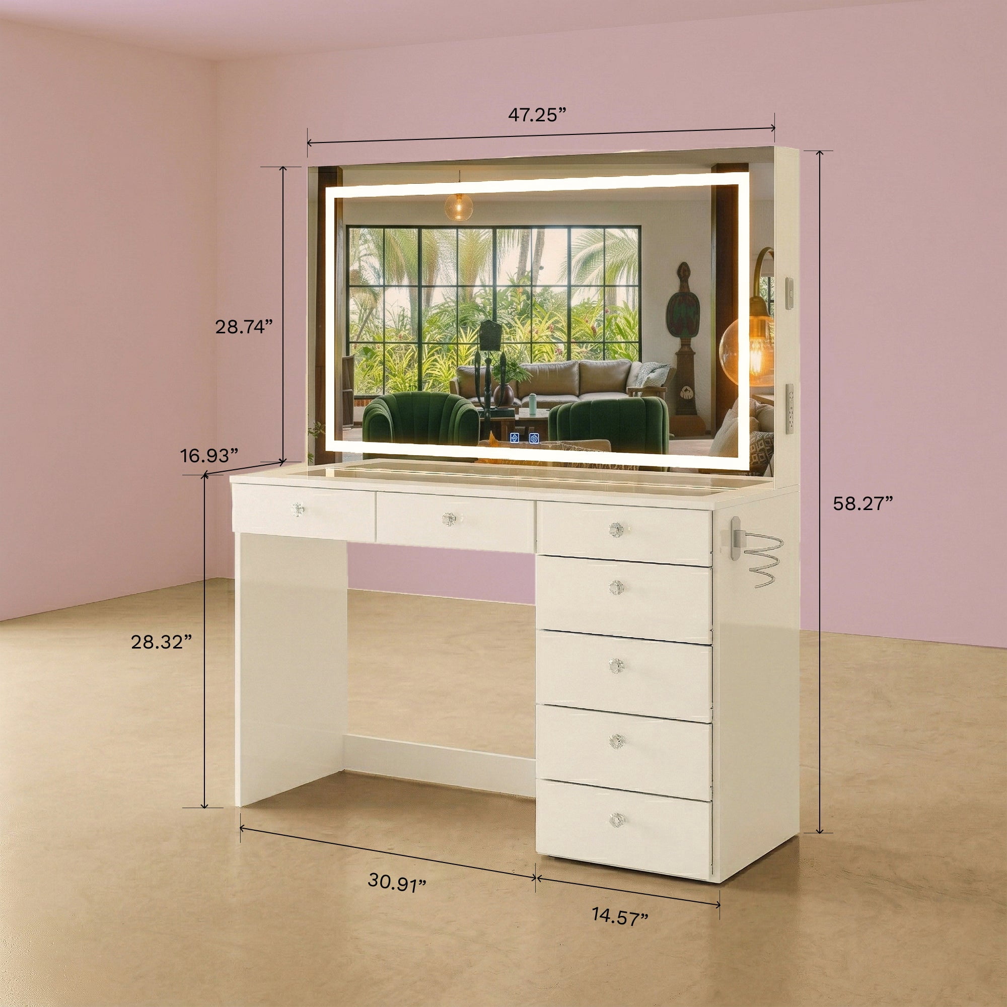 Boahaus Aria Vanity Desk with Mirror and Lights – 7 Drawer Makeup Vanity Table with Storage, Power Outlet and Speakers