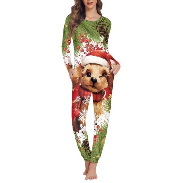 Conjunto de pijama informal de dos piezas para mujer, jersey de manga larga con diseño navideño, ropa de dormir cómoda y holgada, camisón para mujer