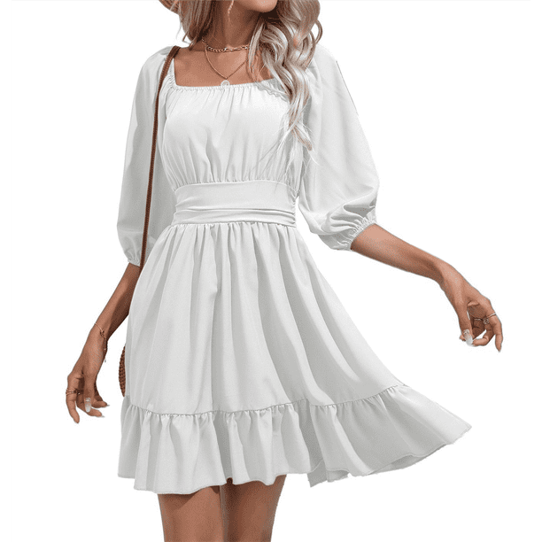Vestido Informal de para Mujer, con Mangas Largas Tipo Farol, Cintura Alta y Lazo en la Espalda, Corte A. L