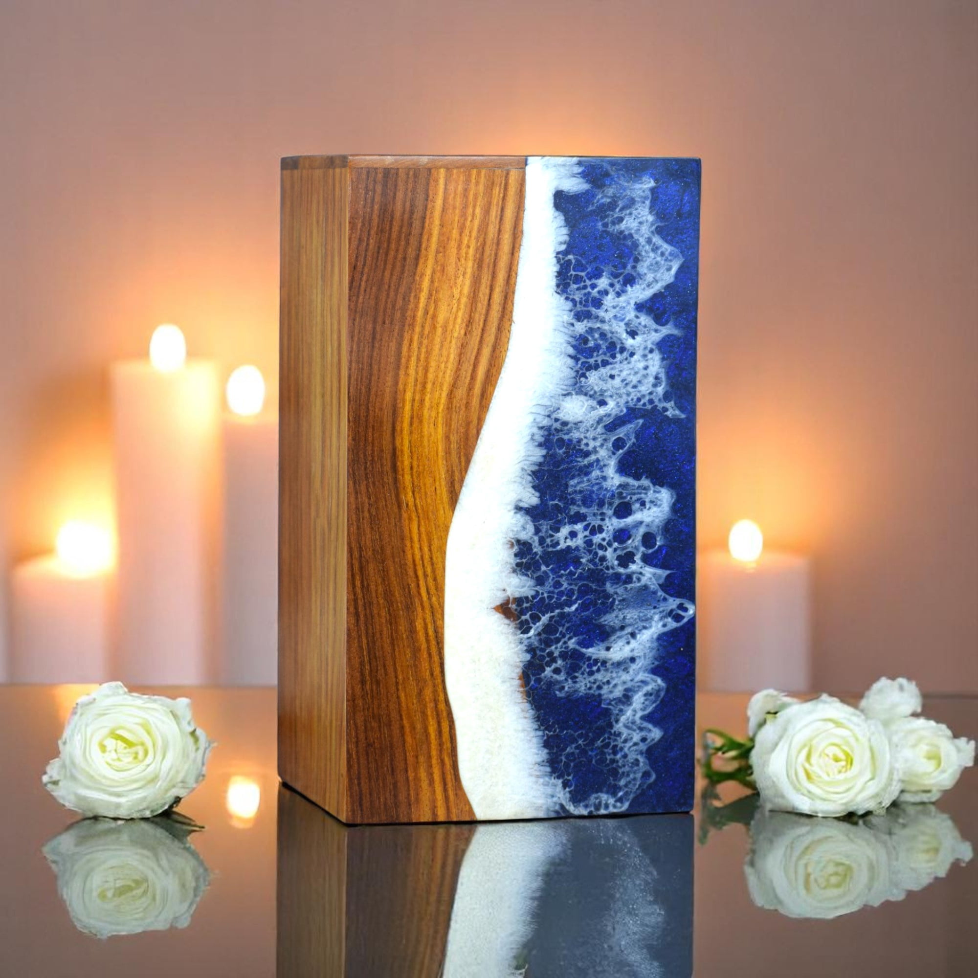 Wooden Urn for Human Ashes Adults, Men & Women - Cremation Urns for Burial or Home Display - Handcrafted Urns with Ocean Resin Inlay - Unique Memorial Urn for Ashes