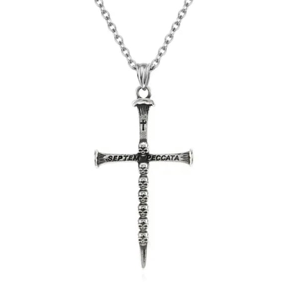 QQTDFG Men Women Skull Nail Cross Necklace Stainless Steel Crucifix Pendant Box Chain-Silver B