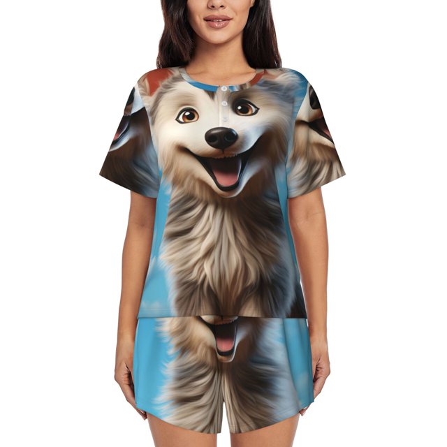 Balery Blue Sky Cute Wolf Conjunto de Pijama para Mujer con Estampado, Dos Piezas de Manga Corta y Shorts, Ropa de Dormir Suave con Cuello Redondo y Bolsillos-3X-Large