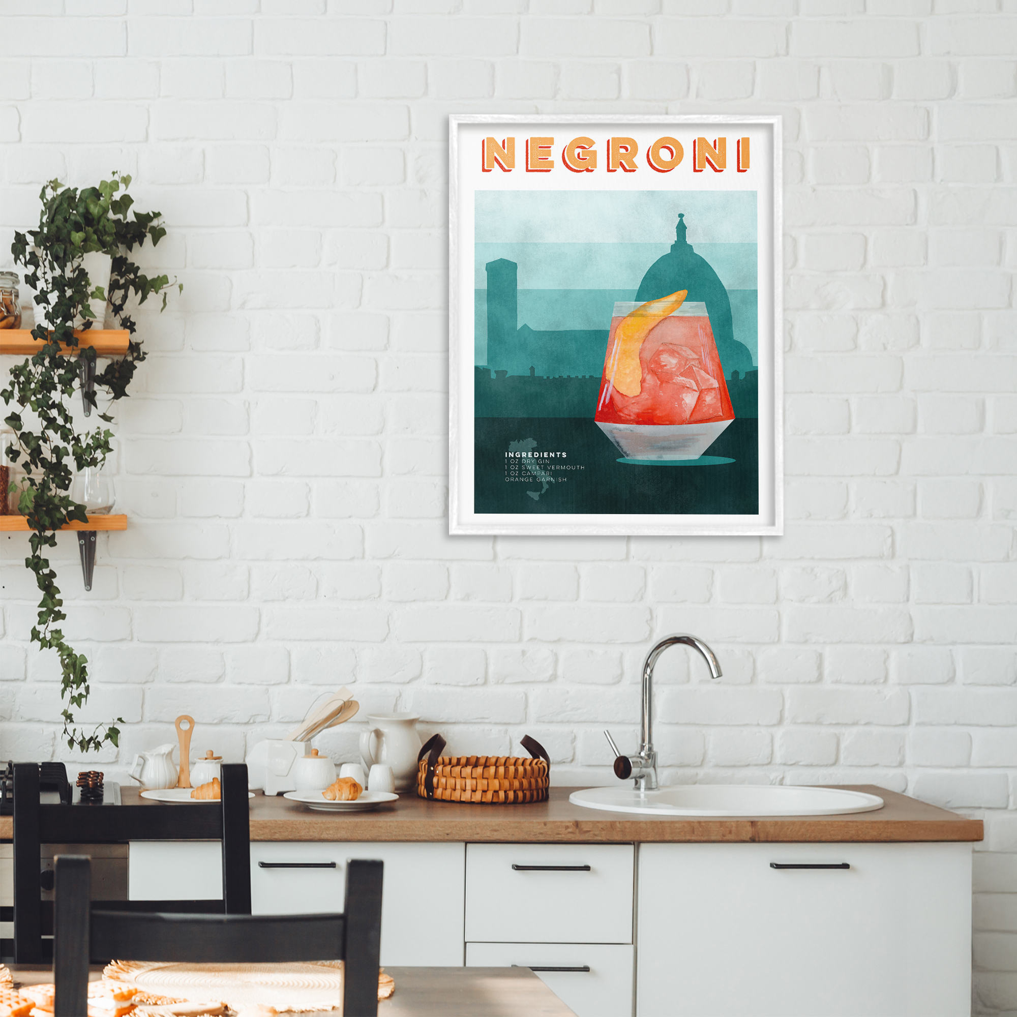 Retro Negroni & Architecture White Framed Giclee Art, design by Brett Blumenthal