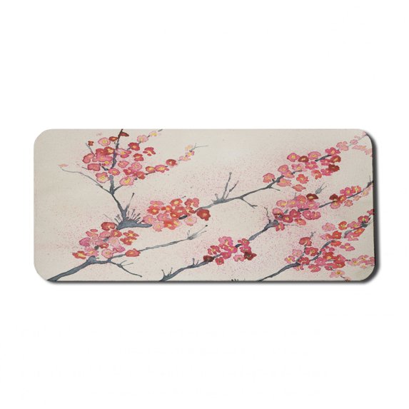 Floral Computer Mouse Pad, Cherry Blossoms Sakura Eastern Old Style Painting Print Vintage Theme, Rectangle Non-Slip Rubber Mousepad X-Large, 35" x 15" Gaming Size, Pink Beige Grey, by Ambesonne