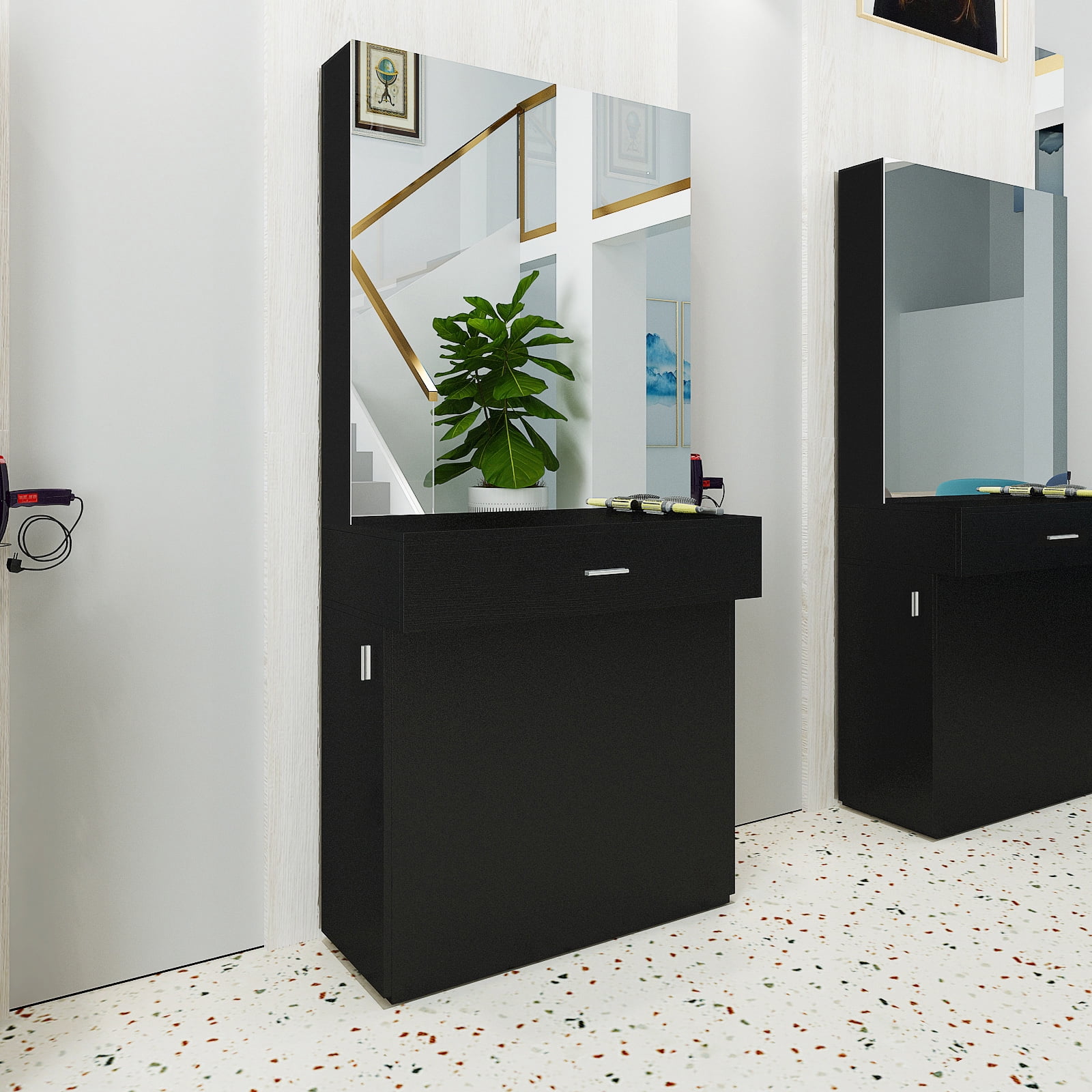 Black Barber Salon Stylist Station Wall Mount Beauty Spa Furniture with Mirror Dressing Table for Hair Styling