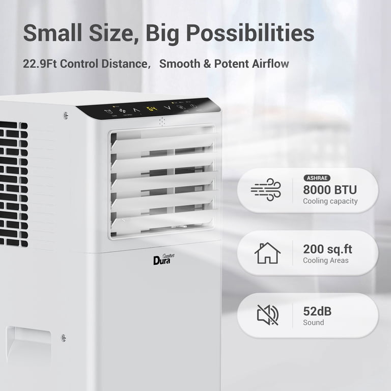 DuraComfort Portable Air Conditioner for Room up to 200 Sq.Ft, 3-in-1 AC  Unit 8000 BTU (ASHRAE), Cooling, Dehumidifying, Fan, 4900 BTU(SACC) -  Walmart.com