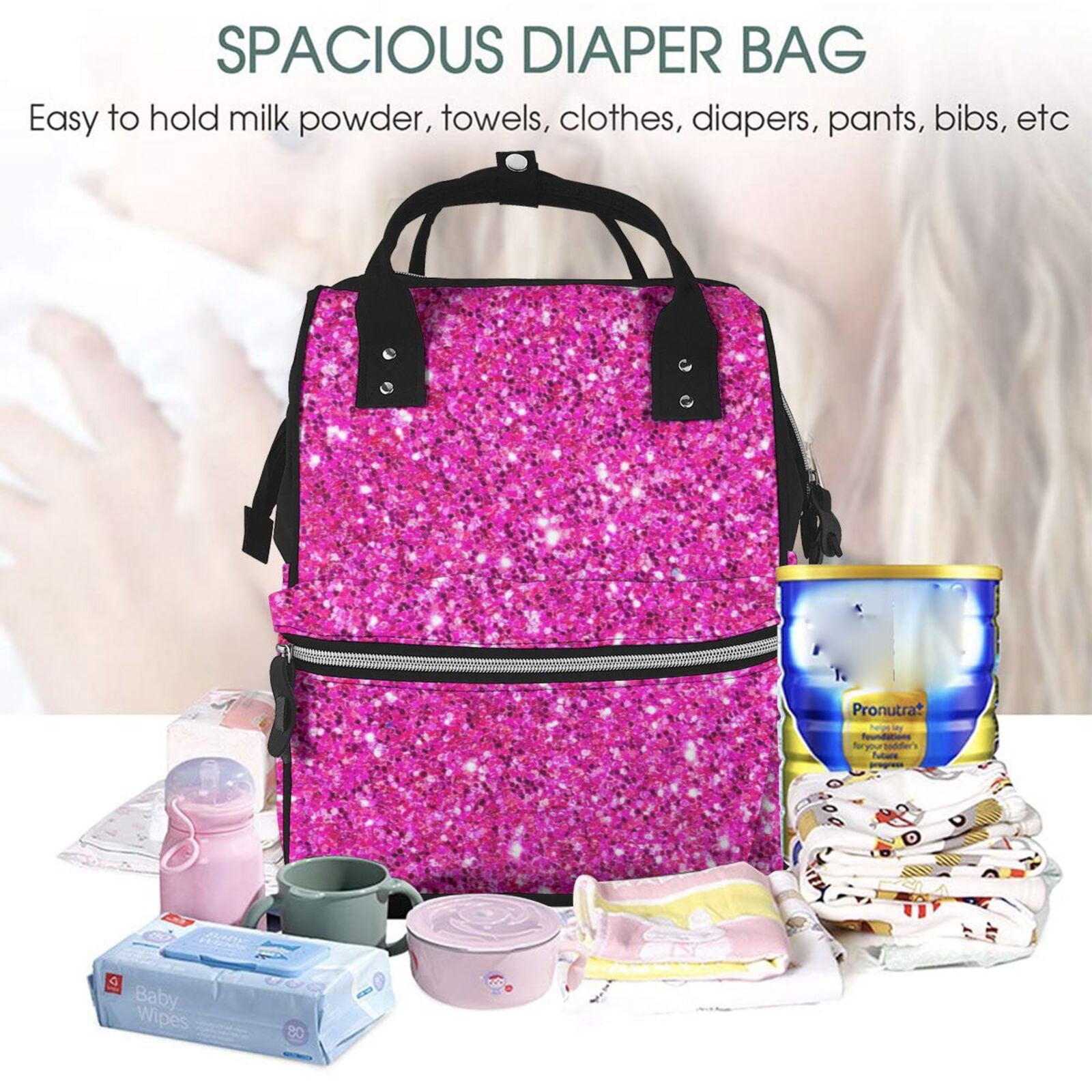 Ratiio Rose Red Glitter Mummy Backpack - Waterproof Twill Canvas, Large Capacity Diaper Bag with Multiple Pockets and Adjustable Straps