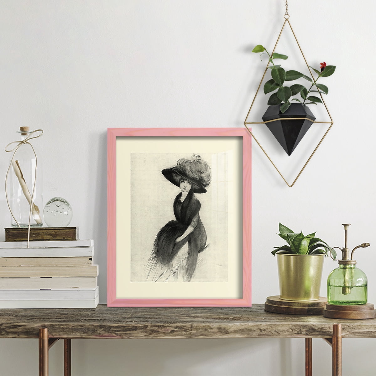 Feather Hat II -Framed Print w/glass-Sunset Pink