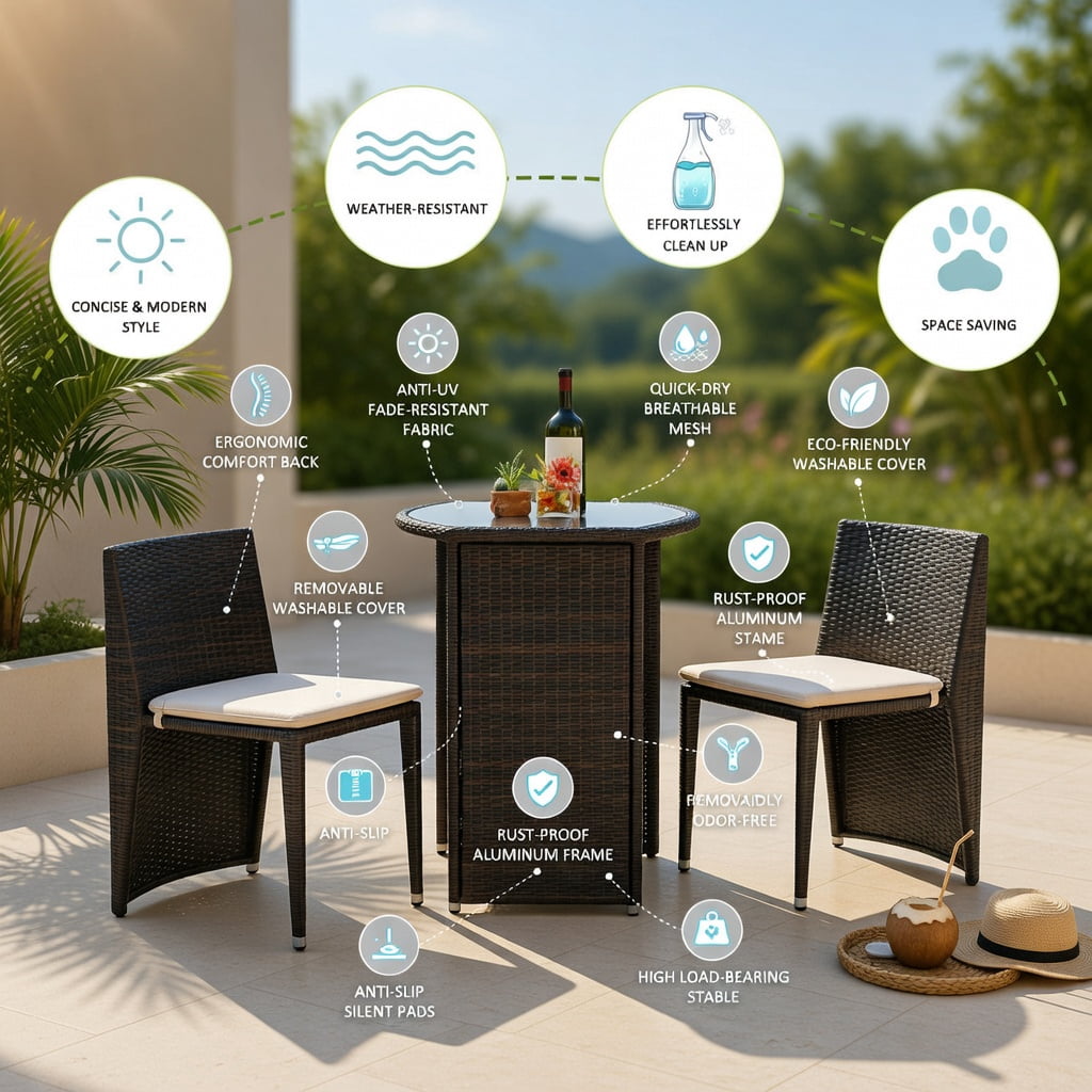 Hommoo 3-Piece Cushioned Wicker Bistro Set, PE Rattan Chairs & White Polyester Cushions, Patio, Porch, Poolside or Garden Furniture, Brown