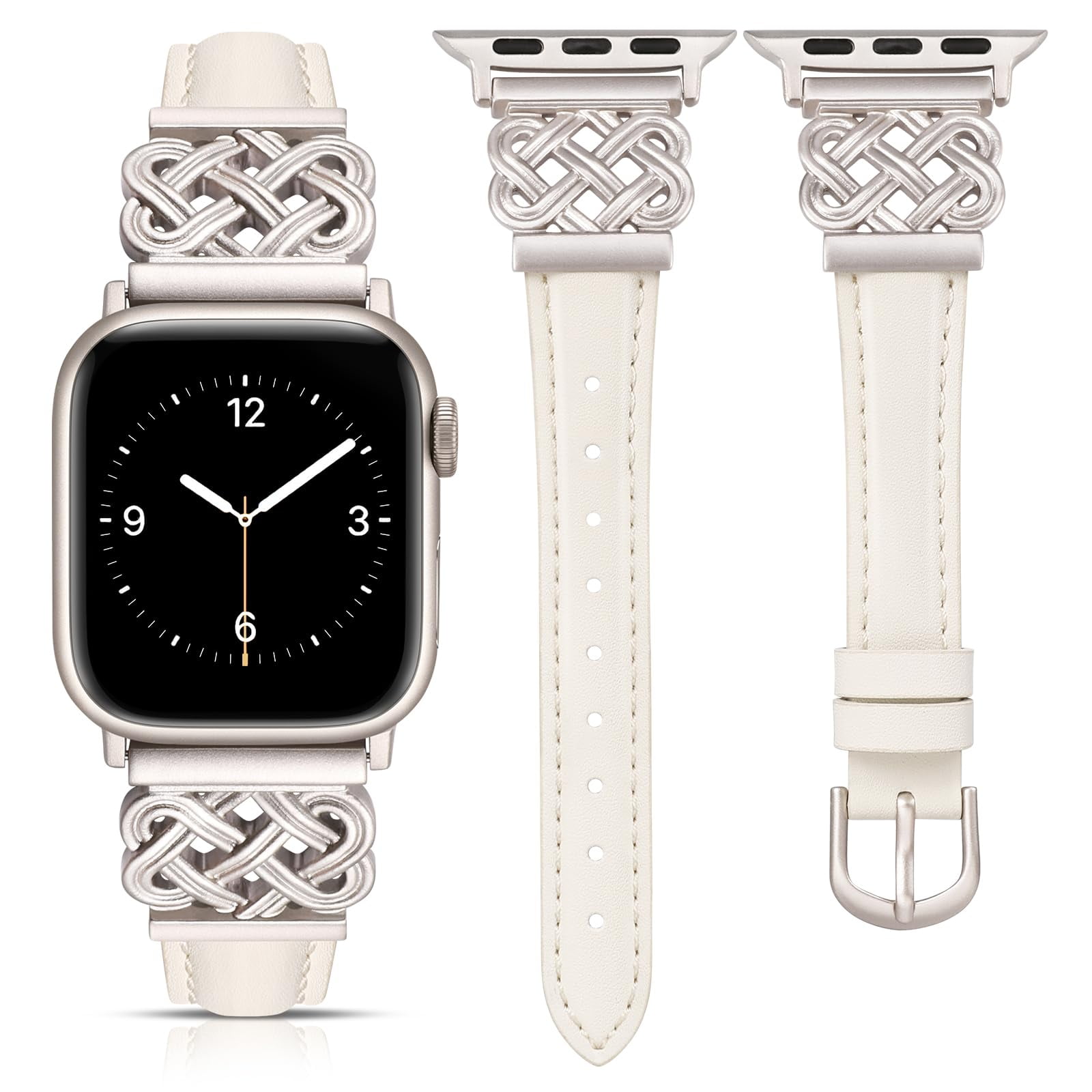 Compatible with Apple Watch Bands Women 38/40/41/42mm Dressy Slim Leather Strap with Celtic Knot Interlock Buckle Bracelet for iWatch Series 11 10 9 8 7 6 5 4 SE 3 2 1, Starlight/Rose Gold