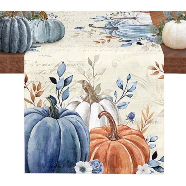 Chemin de Table d'Automne 13x120 Pouces Long Bleu Chemin de Table Citrouille Floral Feuilles Coton Lin Récolte d'Automne Foulard de Commode Cuisine Salle à Manger Déco de Table pour Fête de l'Action de Grâce Café Intérieur Extérieur