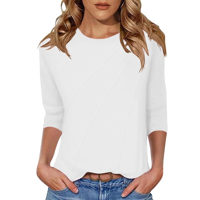 Hauts d'Été Grande Taille pour Femmes, Chemises à Manches 3/4 pour Femmes Mode Automne Coupe Ample Couleur Unie Col Rond T-Shirts Cadeaux Fête des Mères