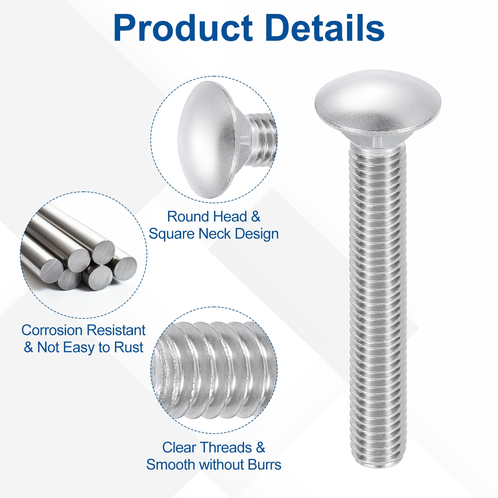 Uxcell 4Pack 1/2"-13x4-1/2" Stainless Steel Carriage Bolts Round Head Square Neck, Silver