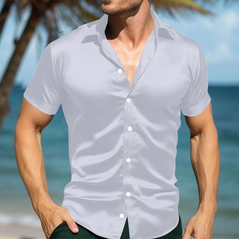 mens short sleeve dress shirts for wedding Ryrjj Mens Silk Button Down Shirt Short Sleeve Collared Satin Dress Shirts Summer Party Wedding Prom Shirt(Silver,XXL), Men's, Size: 2XL