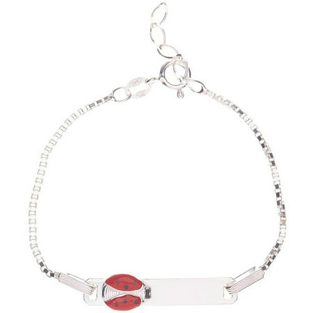 Pori Jewelers Sterling Silver ID Bracelet with Red Enamel Ladybug Charm, 6" Box Chain