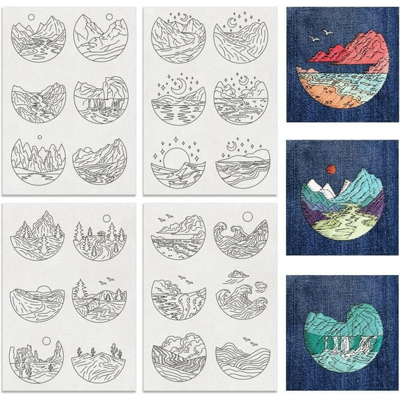 4 Sheets 24pcs Water Soluble Embroidery Patterns Natural Scenery Forests Stitch Embroidery Paper Water Soluble Stabilizers