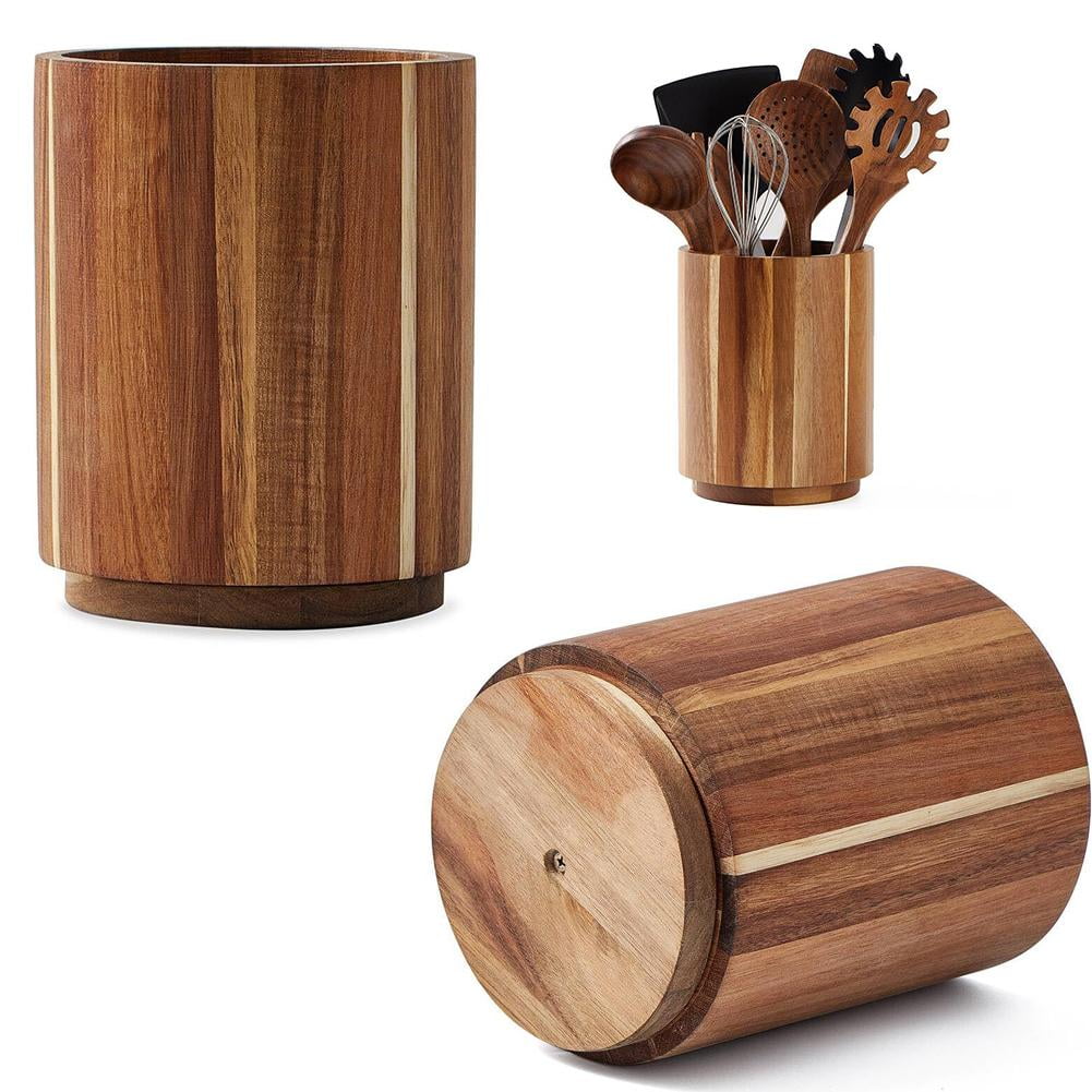Acacia Wood 360° Rotating Utensil Holder - Non-Slip Large Capacity Crock for Kitchen Counter, Holds 15-20 Cooking Tools - Rustic Farmhouse Countertop Organizer