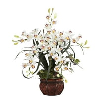 Nearly Natural Cymbidium with Decorative Vase Silk Flower Arrangement, White