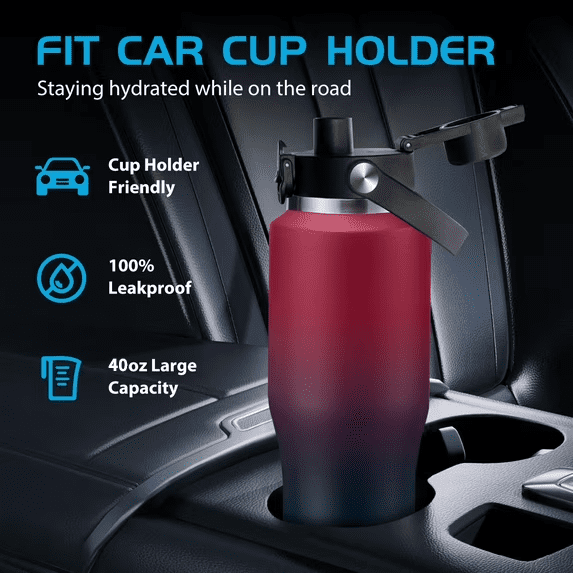 40 OZ Water-Bottle Fit Car Cup-Holder - Double Wall Vacuum Insulated Thermal with Lid and Straw, Stainless Steel Tumbler 40oz with Carrying Case, for Travel Drive