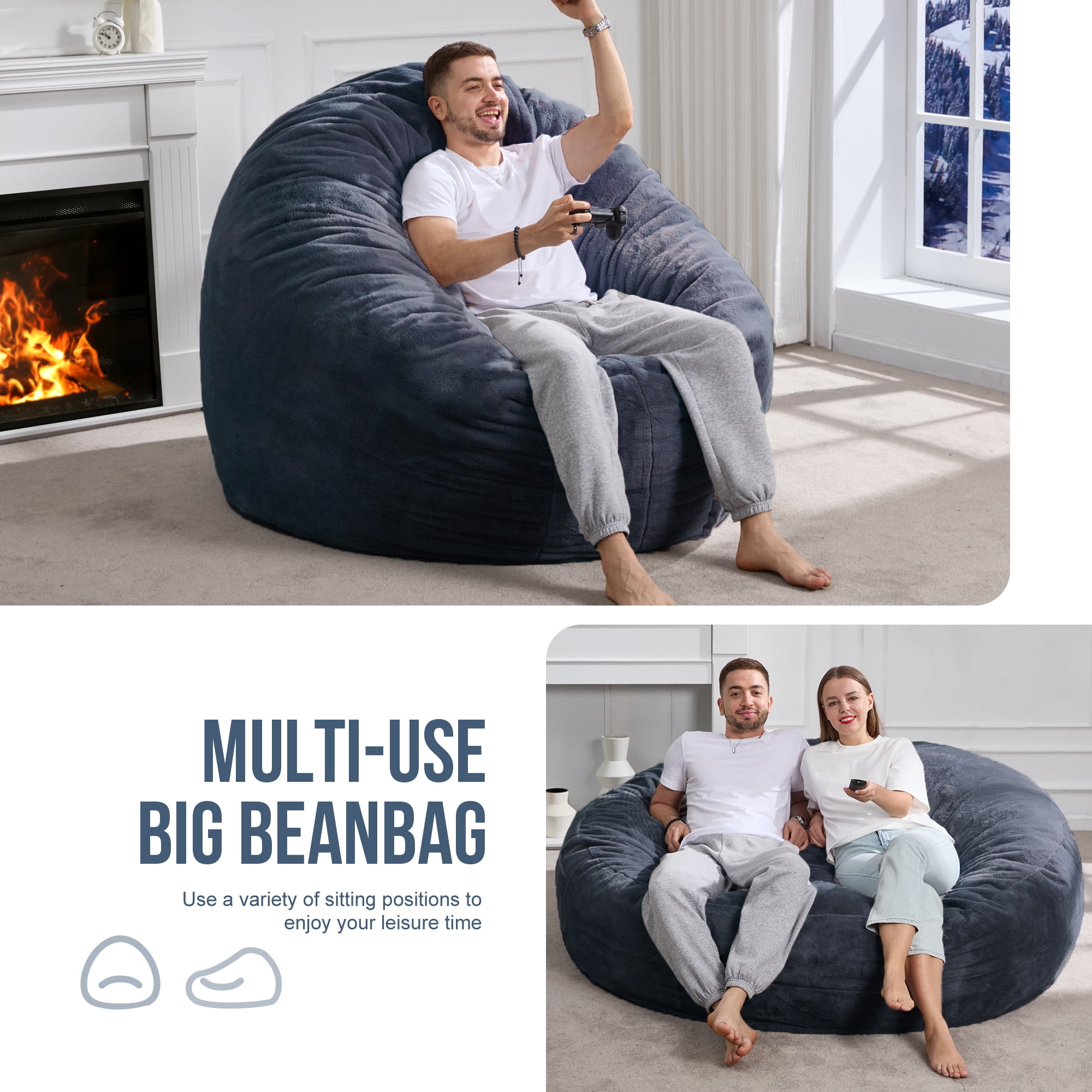 Hobestluk 6ft Bean Bag Chairs for Adults Large Beanbag Chair with Plush Faux Fur Cover Big Bean Bag Chair for Living Room Bedroom Dorm Office - Dark Grey (70" x 70" x 15")