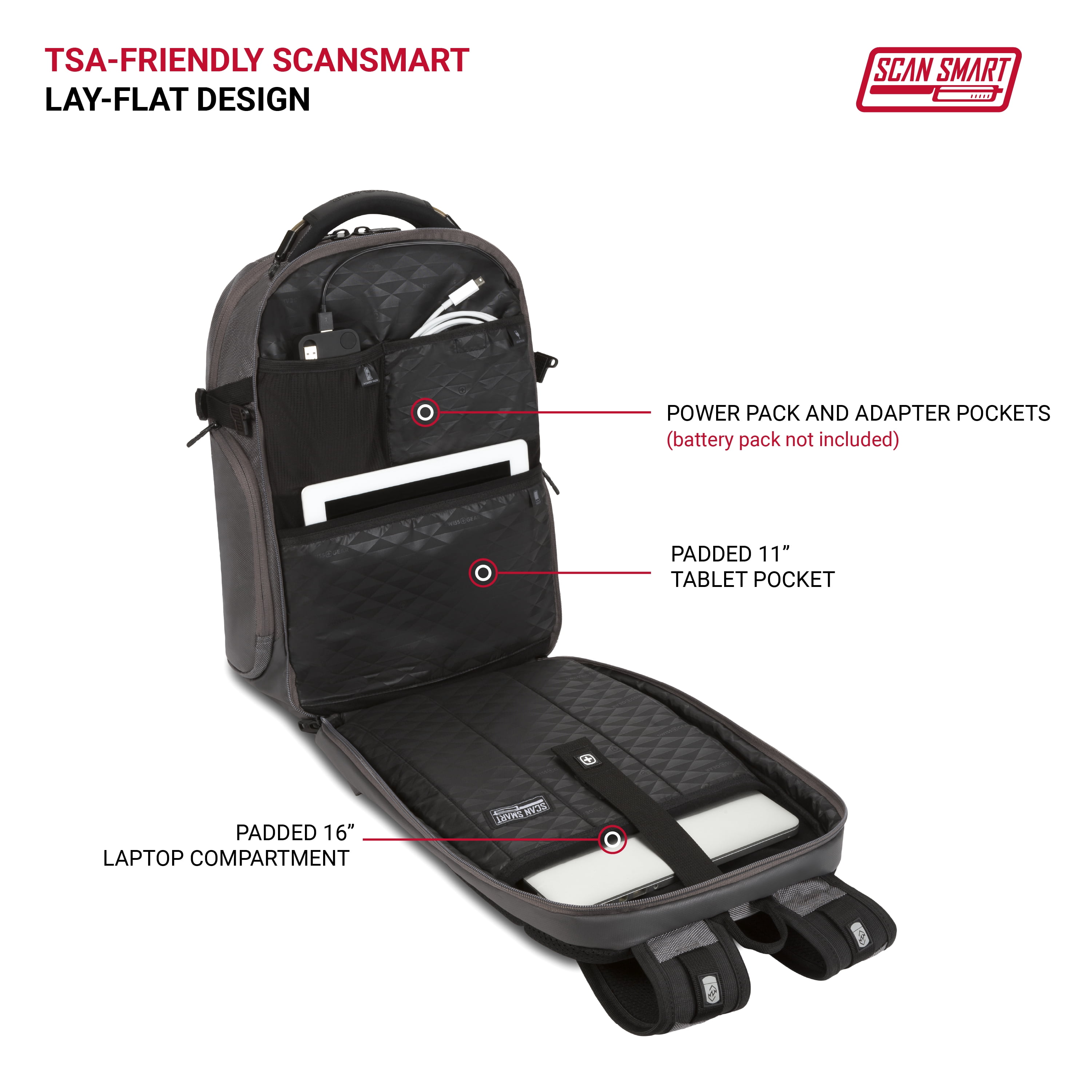 SWISSGEAR Travel Tech Elite 16” Laptop Backpack, ScanSmart, TSA-Friendly, USB Port, Grey Ballistic