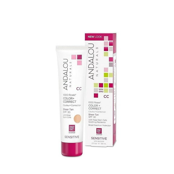 Andalou Naturals 1000 Roses CC Color   Correct with SPF 30, Sheer Tan, 2-in-1 Face Sunscreen   CC Cream for Sensitive Skin, Helps Correct Uneven Skin Tone, Reef Safe Sunscreen, 2 Fl Oz