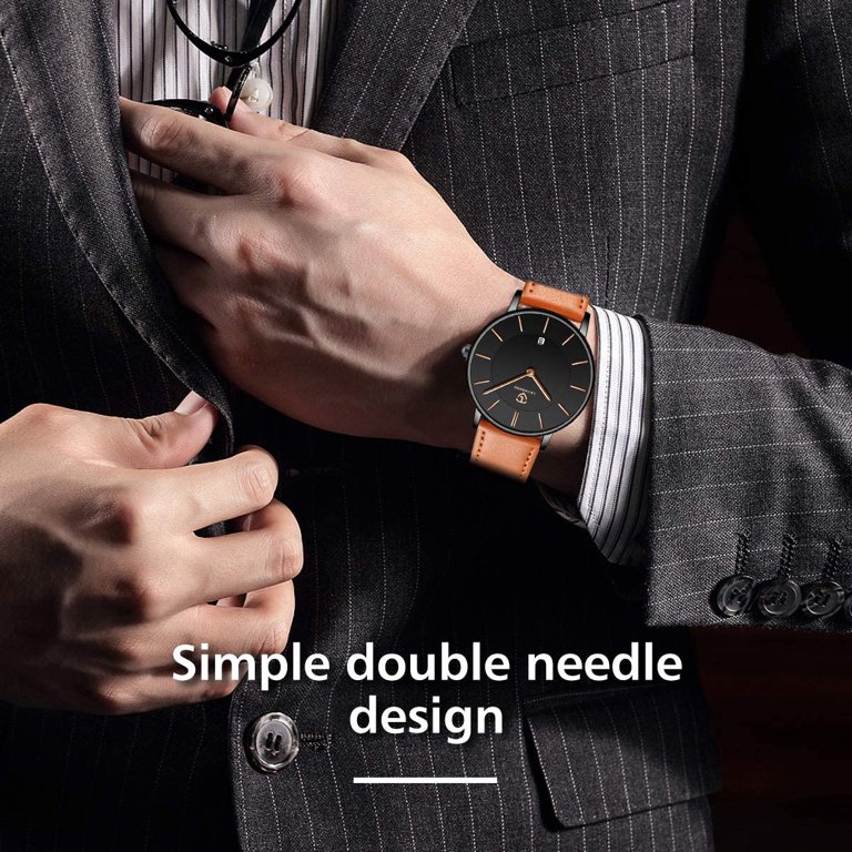 A ALPS Mens Watches Fashion Simple Watch for Men Analog Ultra Thin  Minimalist Wristwatches with Leather Strap Gift for Man 