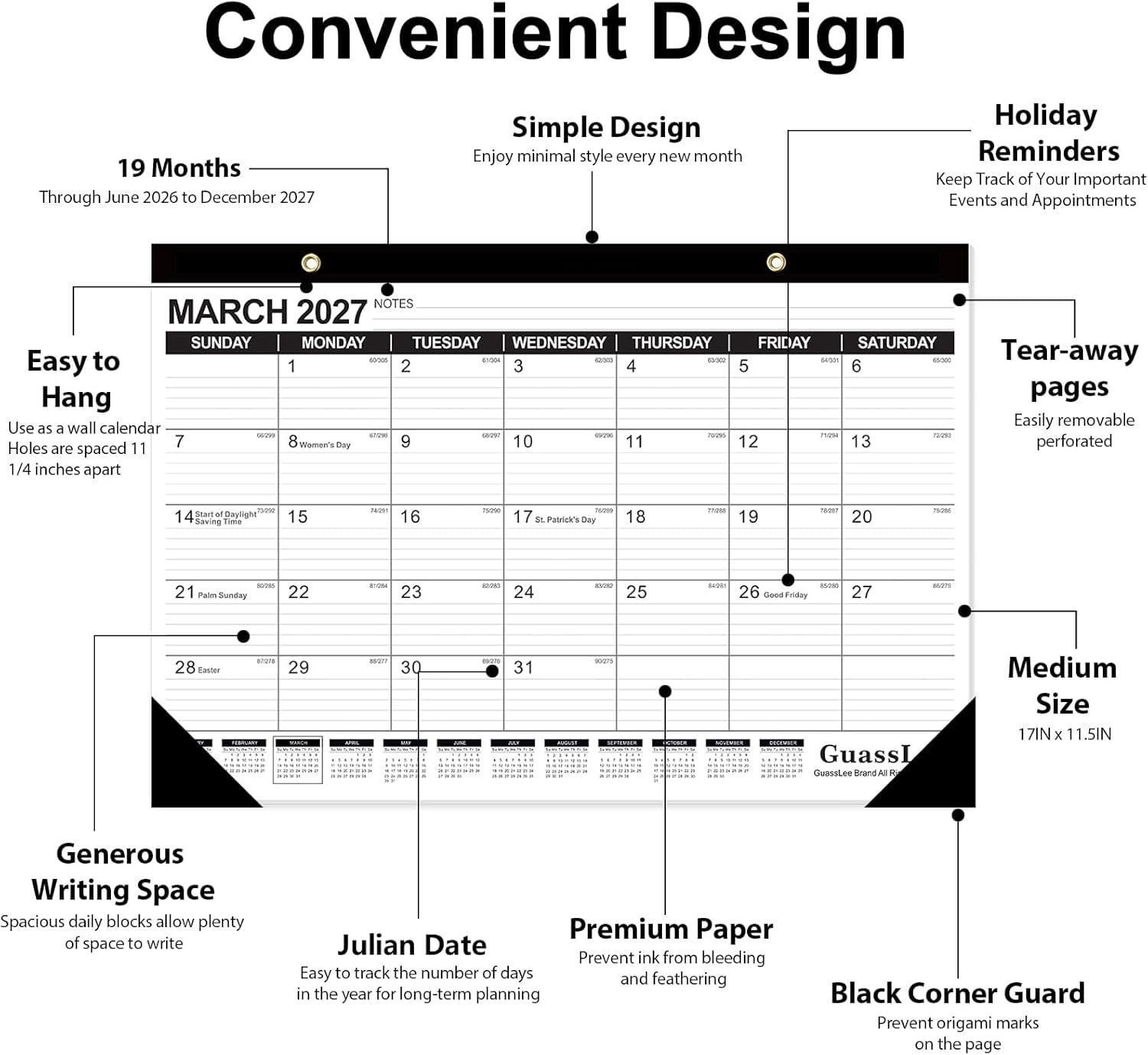 Desk Calendar 2026-2027 - 19 Months Academic Calendar 17" × 11.5" Desktop Calendar from Jun. 2026 to Dec. 2027 with Julian Date for Home School Office Desk Top Organizing