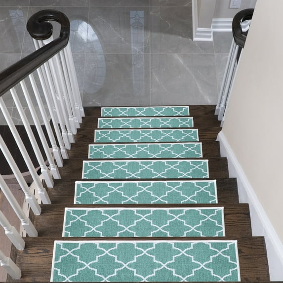 SussexHome Lattice Design 9" X 28" Stair Treads - 70 % Cotton Anti-Slip Carpet Strips for Indoor Stairs-Easy to Install Runner Rugs with Double Adhesive Tape-Safe, Extra-Grip, 4-Pack-Teal