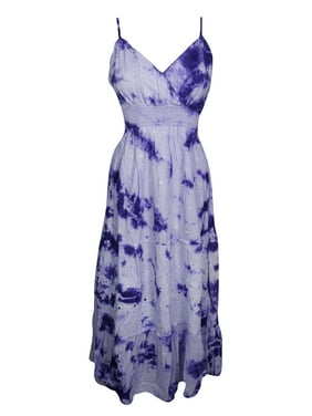 Mogul Something Sixties Cotton Tie Dye Dress Purple Floral Embroidered Flare Spaghetti Strap Deep Neck Sexy Summer Dresses S
