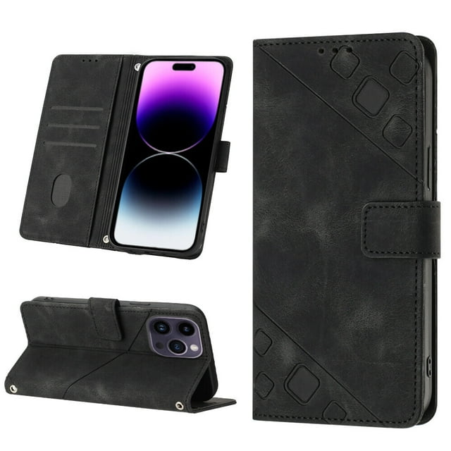 Compatible with iPhone 14 Pro Classic Embossed PU Leather Case with Card Holder Shockproof Cover