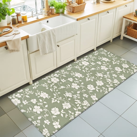 Hallway Runner Rug 2'x6', White Spring Floral Kitchen Runner Rugs Non-Slip Carpet Mats, Summer Flowers Sage Green Pastoral Bedside Rugs Runners Washable Floor Carpet for Bathroom Laundry Room