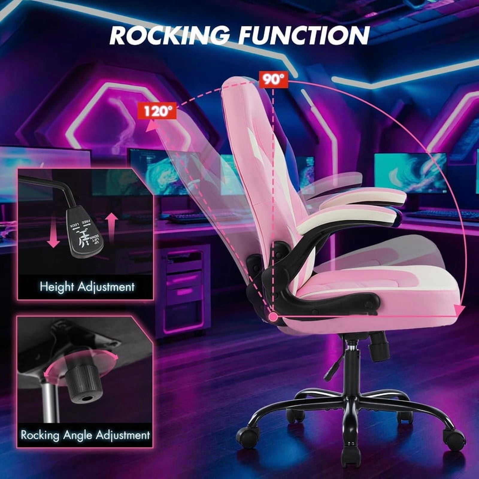 Beddle Gaming Office Chair, Ergonomic PU Leather High Back Swivel Computer Desk Chair with Flip-up Arms, Lumbar Support, White Pink