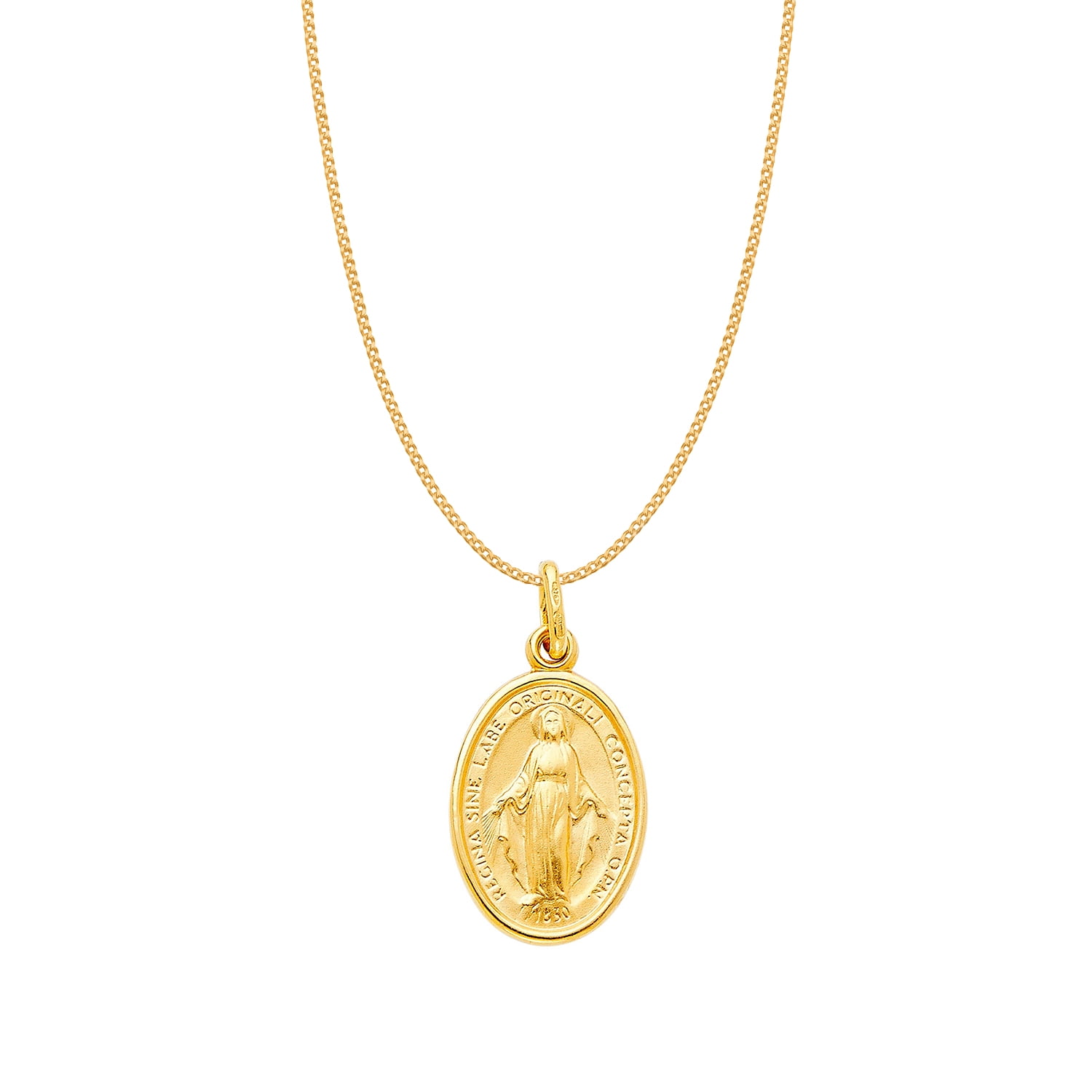 14k Yellow Gold Miraculous Medal Virgin Mary Pendant with 0.8-mm Yellow ...