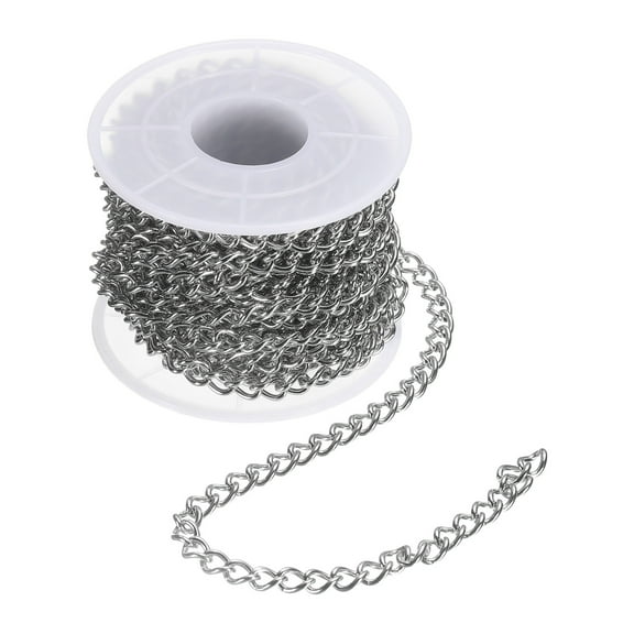 Uxcell 16.4 Feet/5 Meter Stainless Steel Curb Chain, 7x5x1.2mm Cuban Link Chain, Twisted Links Cross Cable Chains for DIY Jewelry Making Supplies, Silver