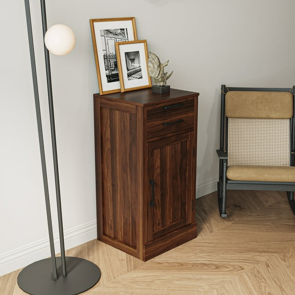 Noble House Wilbur 35.4" Modular Wine Bar Cabinet with Hutch, Drawer and Shelf Cupboard, Melamine Finish, Walnut