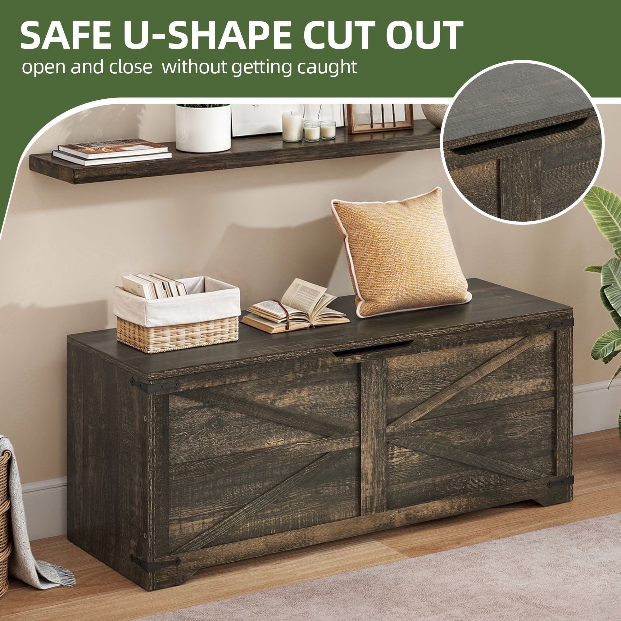Uforic 47.2" Farmhouse Storage Bench, Wooden Chest with Safety Hinges, Shoe Organizer - Rustic Brown