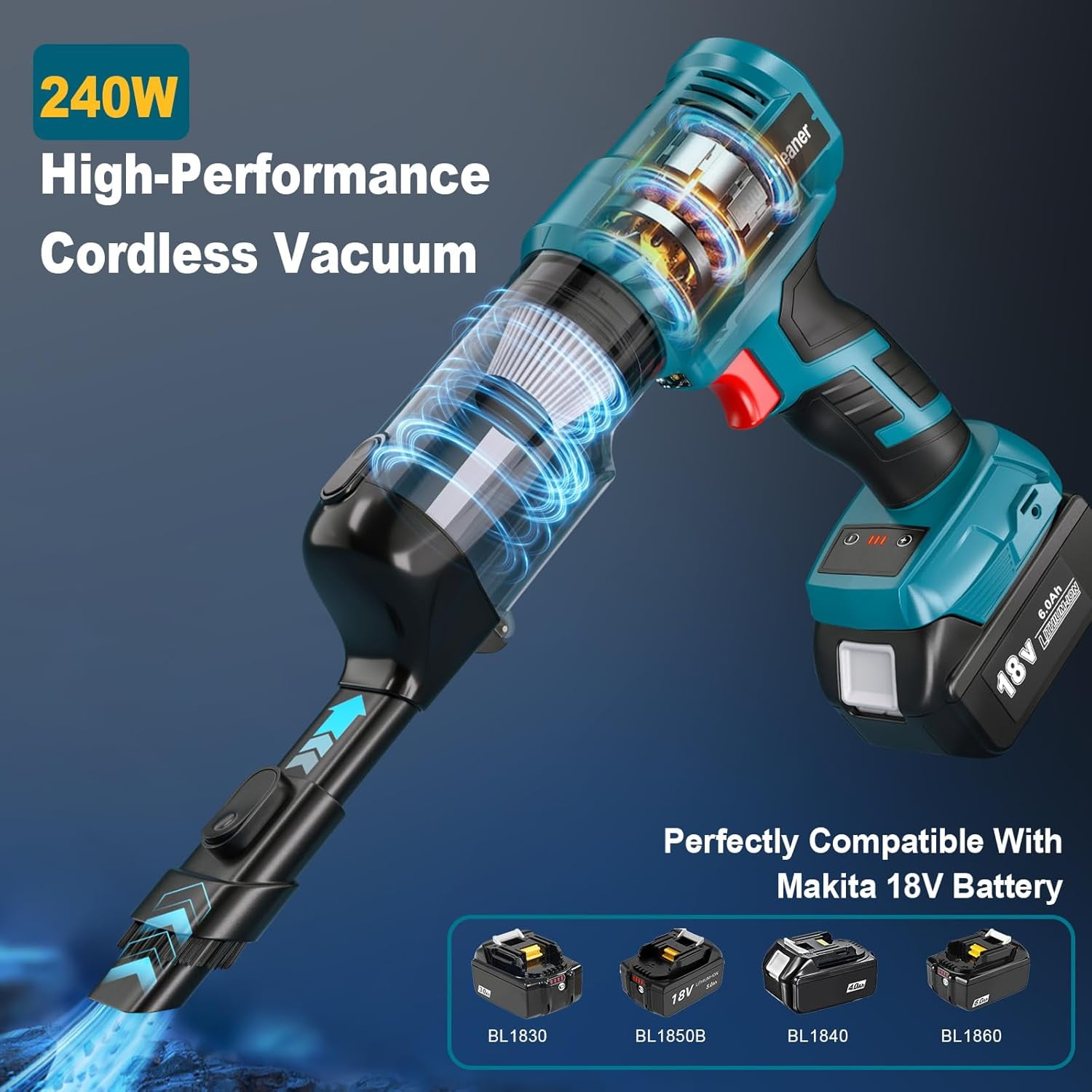 Cordless Handheld Vacuum for Ma*kita 18V Battery(Tool Only), 240W Powerful Car Vacuum with Brushless Motor, 3-Speed, 5 Filters, Portable Vacuum Cleaner for Home Office Car Pet