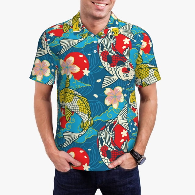 Fotbe Japanese Koi Camiseta Polo de Golf para Hombre con Estampado – Camisa Deportiva Transpirable con Cuello Abotonado-Large
