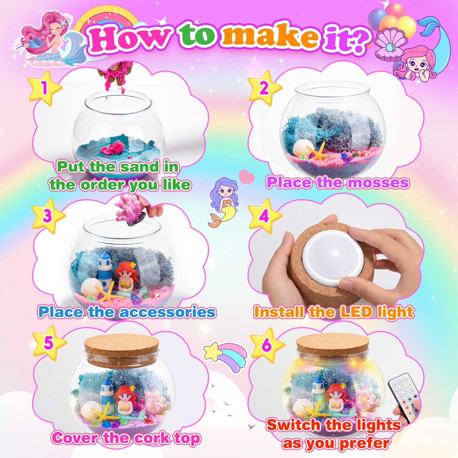 Craft Kits for Kids Girls Age 3-9, Light-up Mermaid Terrarium Kit for Kids, Gifts for 3 4 5 6 7 8 Year Old Girls, Remote Night Light Toys Gifts for 5-7 6-8 8-12 Year Old Girls