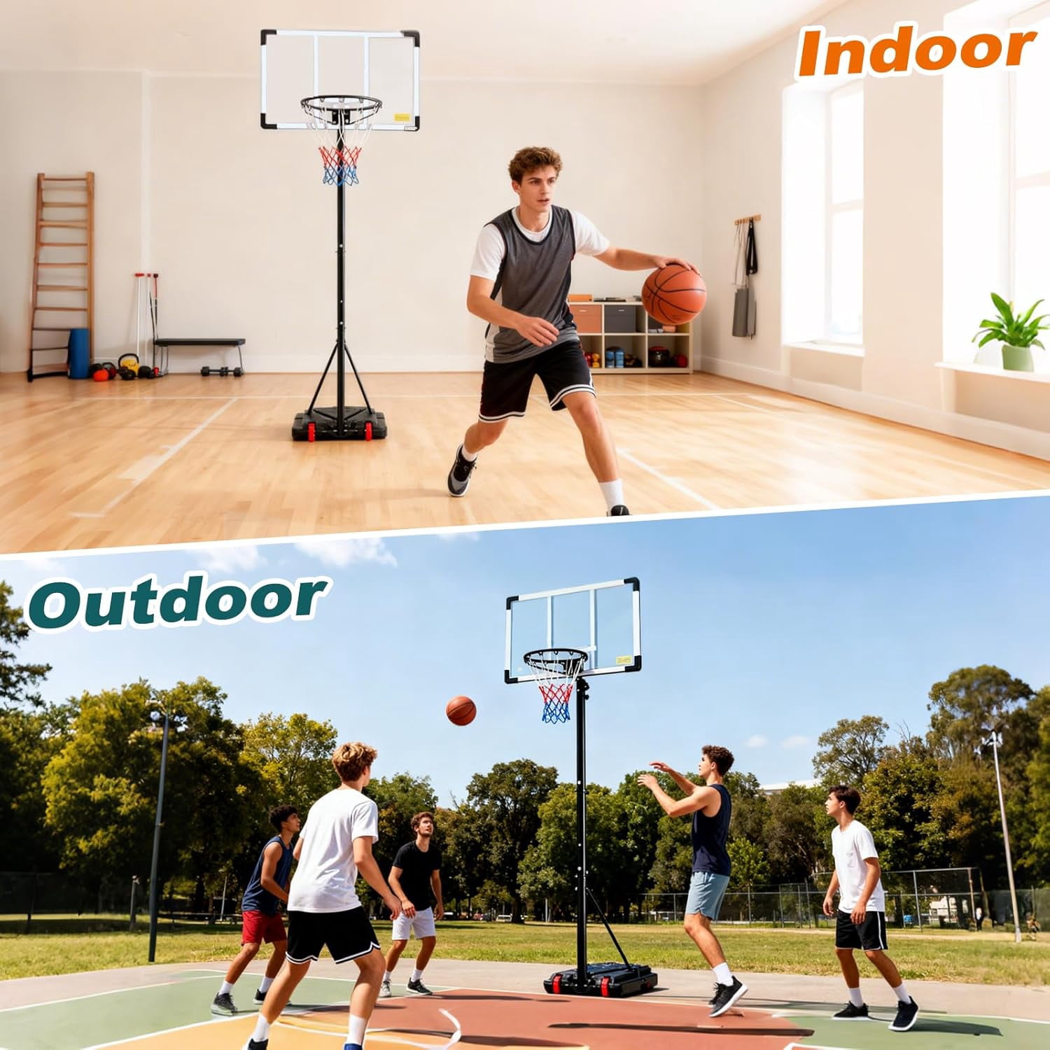Portable Basketball Hoop Outdoor, Adjustable Basketball Hoops Goal System Shatterproof Backboard, Shock Absorbent Rim, Fillable Base for Swimming Pool/Backyard/Driveway