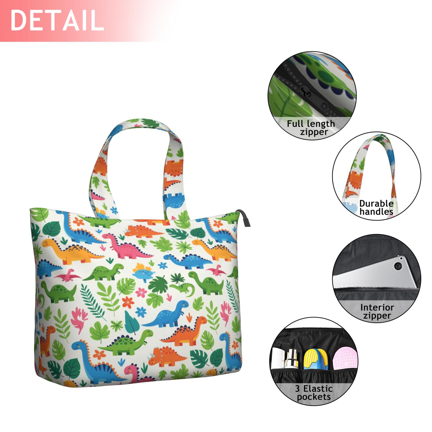 White Cartoon Dinosaurs Jungle Pattern Travel Tote Bags for Women Carry On,Large Weekender Bags for Women Travel,Multi Functional Duffle Bag for Work,Shopping,Sports