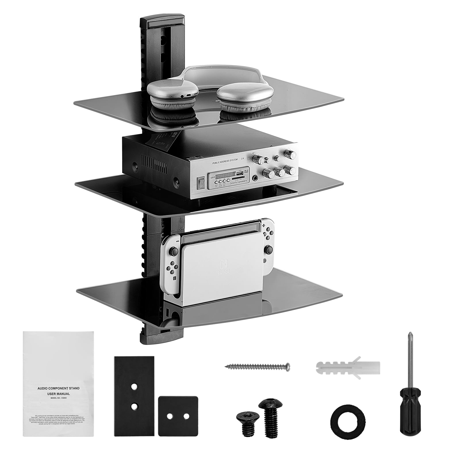 SKYSHALO Glass Wall Shelves, Supports 18 lbs, Shelf TV Wall Mount, Durable Floating Media Console for DVD/PS4/Cable Units/Game Systems/Sky Box/TV Extras-3 Levels