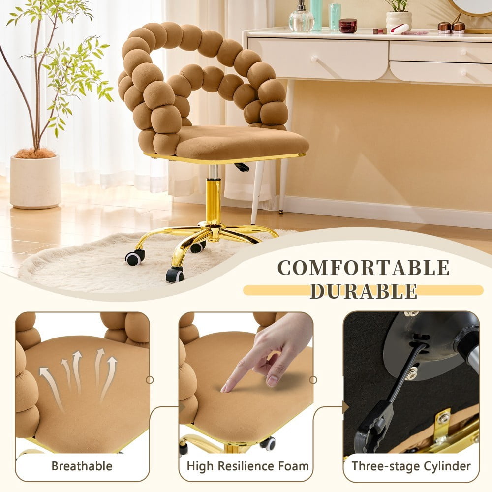 Velvet Office Chair, Adjustable Swivel Desk Chair with Bubble Back, Gold Metal Base, Rolling Vanity Chair for Home Office, Bedroom & Makeup Room, Brown