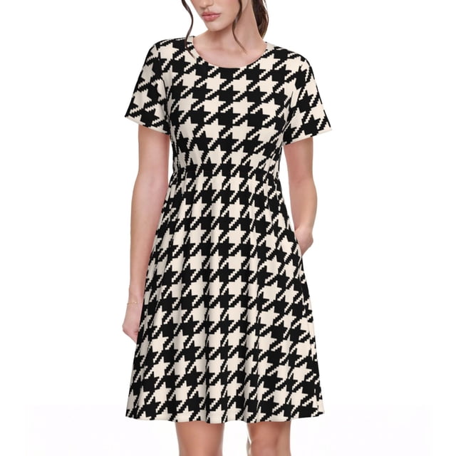 Balery Black and white houndstooth Vestidos sueltos de manga corta para mujer, vestidos de verano 2025, vestidos casuales de corte A con vuelo.