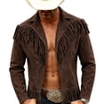 thumbnail image 5 of Ceisia Men's Solid Suede Fringe Trim Lapel Zip Up Long Sleeve Western Cowboy Style Outerwear Jacket Gift, 5 of 6